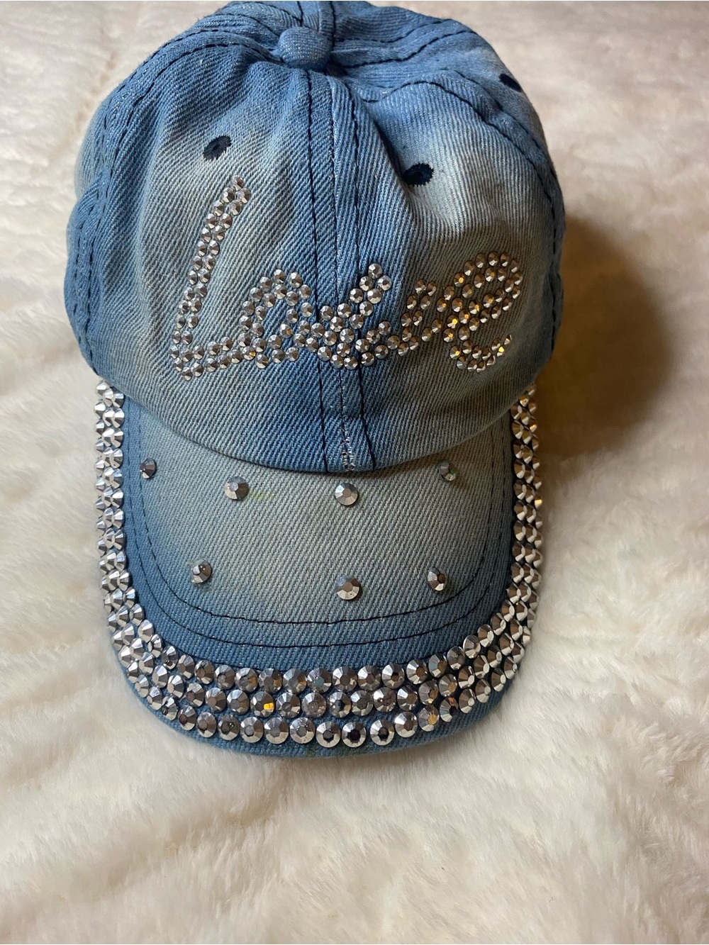 Rhinestone Love Denim Baseball Cap Adjustable Bling Y2K